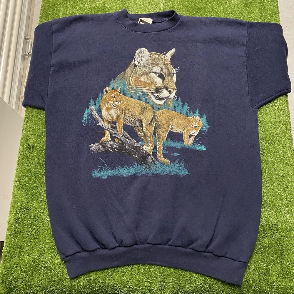 Vintage 90s Florida Panther Animal Nature Crewneck Sweatshirt Navy Men's 2XL - Picture 9 of 14